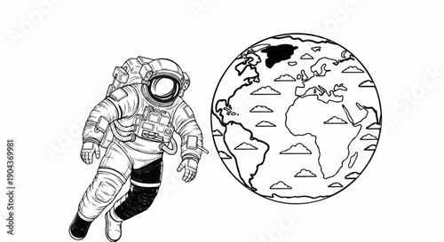 A detailed astronaut in a spacesuit floats near a stylized globe showing continents and clouds