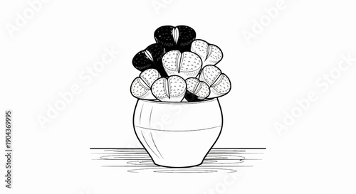 A black and white sketch of several lithops in a round pot