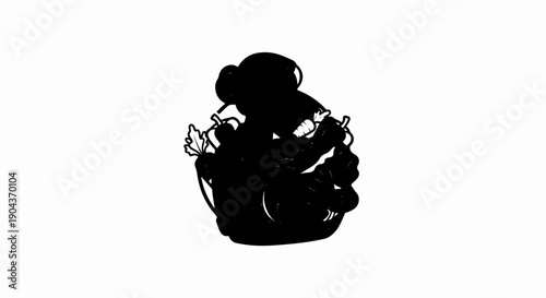 A black silhouette of a basket overflowing with assorted vegetables and fruits