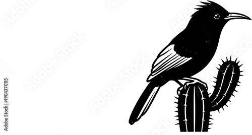 A black bird perches on a spiky cactus in a stark illustration