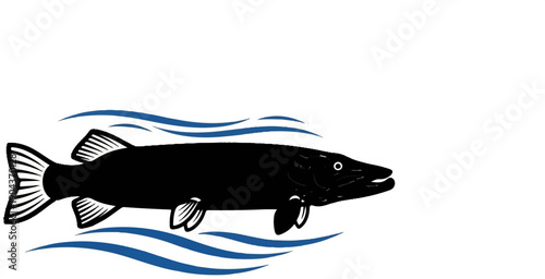 A black silhouette of a fish with blue water waves beneath it on a white background