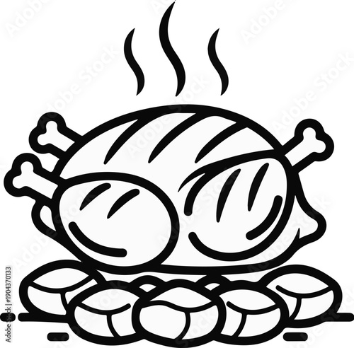 A cartoonish, hot, roasted chicken sits on a bed of roasted potatoes