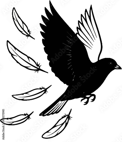 A black bird takes flight, shedding feathers against a white background