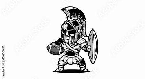 A cartoon Spartan warrior in armor holds a football and shield