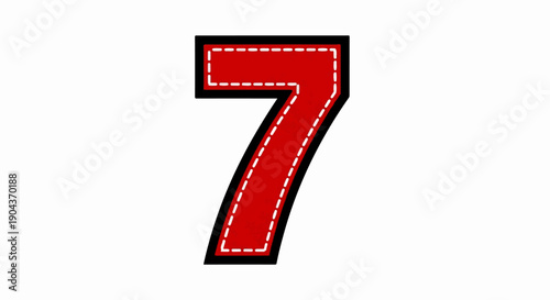 A bold red numeral seven outlined with black and white stitching