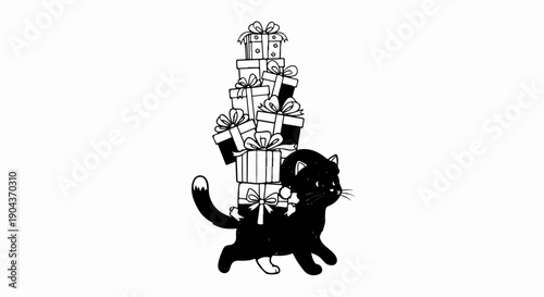 A black cat wearing a festive hat carries a tall stack of gifts