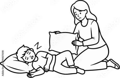 A concerned person adjusts a pillow for a sleeping child