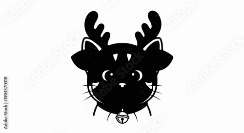 A black cat with reindeer antlers and a bell on its neck