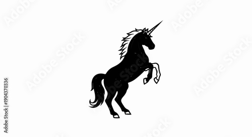 A black silhouette of a unicorn rearing up on its hind legs