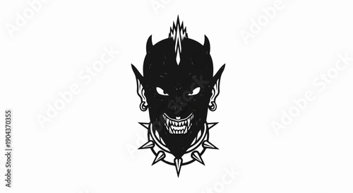 A black demonic face with sharp teeth, horns, punk hairstyle, and spiked collar