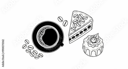 A black coffee cup, coffee beans, and two sweet pastries are illustrated