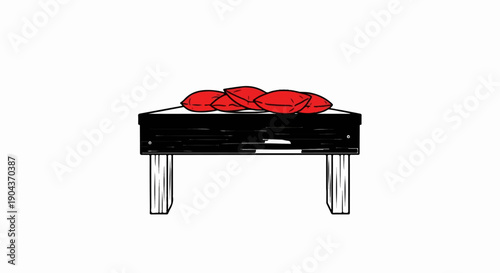 A black wooden game board with four red bean bags on top, set on four legs