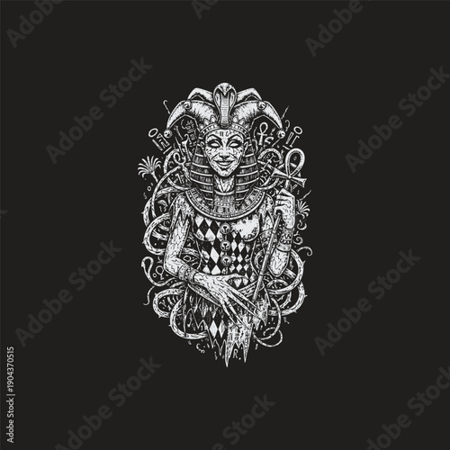 Creepy jester pharaoh illustration in hand-drawn vintage engraving style on black background.