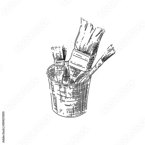 hand drawn paint brushes in cup line art vector illustration