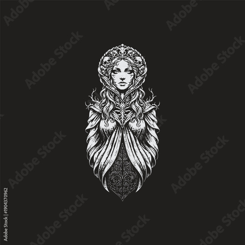 Vintage engraving illustration of a majestic gothic goddess with a detailed skull crown and intricate ornate armor.