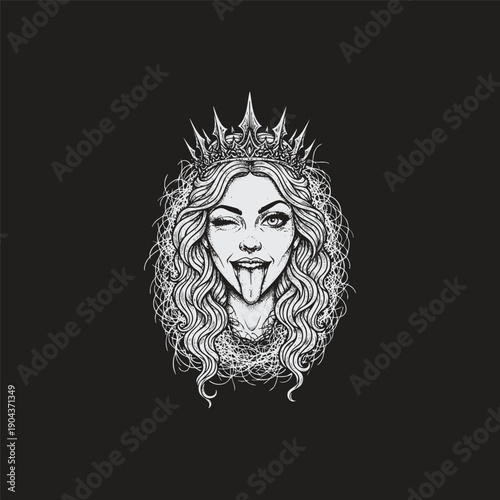 Vintage engraving illustration of a beautiful queen with a crown winking and sticking out her tongue in a playful gothic style.