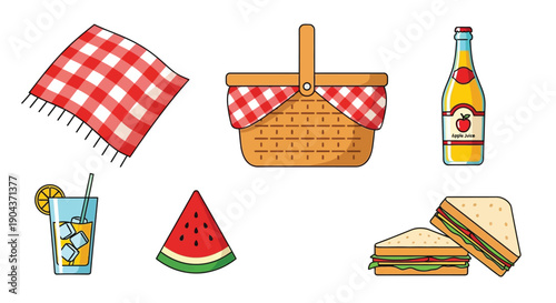 Collection of essential cartoon picnic elements including a woven basket, checkered blanket, sandwiches, beverages, and fresh watermelon slice for outdoor leisure activities.