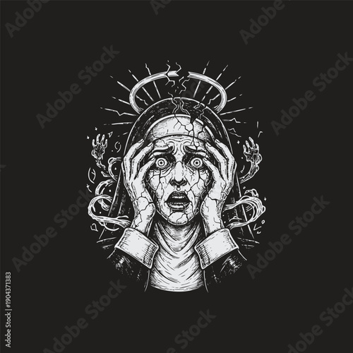 Vintage engraving illustration of a terrified nun with a cracked face and a broken halo, depicting a spiritual crisis or divine terror.