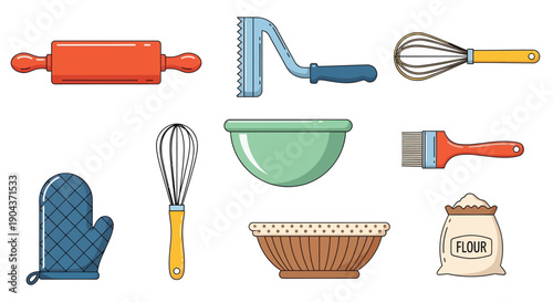 Collection of colorful flat design baking utensils and ingredients including a rolling pin whisks bowls and a bag of flour