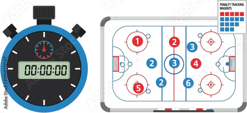 A blue digital stopwatch sits next to a diagram of an ice hockey rink showing numbered player positions.