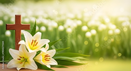 Easter cross and lilies in bloom symbolizing resurrection and new life on easter sunday morning