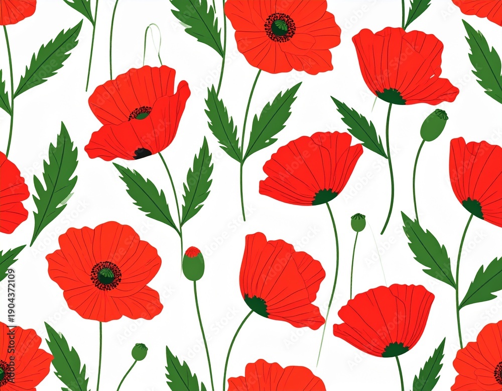 Naklejka premium Digitally created repeating pattern of vibrant red poppy flowers with green leaves on white