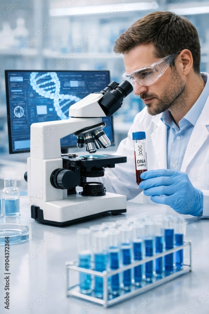Fototapeta premium Male scientist analyzing DNA sample using microscope in modern laboratory.