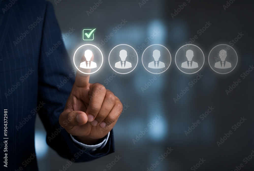 Obraz premium Man's finger selects a highlighted user icon among several generic profiles on a digital interface.