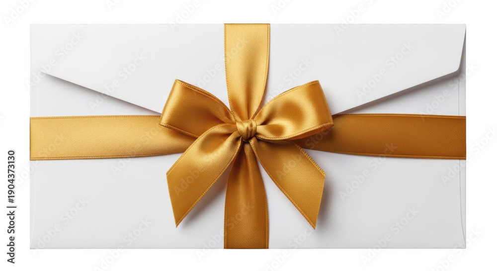 Fototapeta premium Elegant white envelope sealed with a luxurious gold ribbon and bow isolated on transparent background