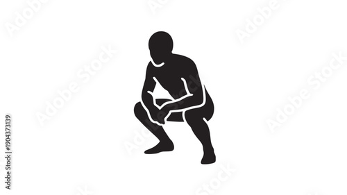 Man in dynamic yoga pose with minimalist silhouette design in black and white for fitness branding