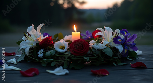 Solitary flickering candle flame surrounded by delicate petals on rustic wooden surface at dusk symbolizing solemn memorial and mournful tribute for remembrance of wrongful death