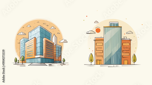 Modern Urban Cityscape Illustrations Set Featuring Stylized Buildings with Flat Design and Minimalist Architectural Elements, Ideal for Business and Development Themes