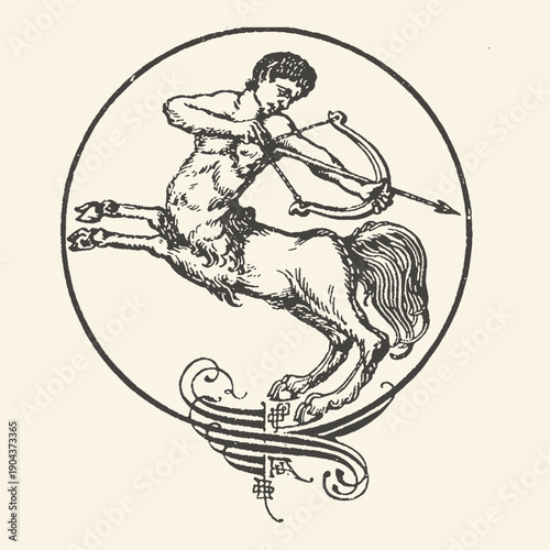 Vintage Sagittarius astrological symbol illustration of a centaur archer aiming a bow and arrow within a circular frame, in black and white line art style