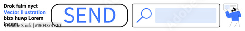UI design, digital communication, search functionality, application interface, tech tools, creative workflows. Send button and search bar on white background. UI design and digital communication