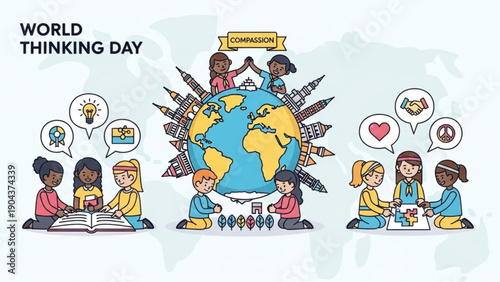 Diverse children celebrating world thinking day with globe books and puzzles promoting education and unity