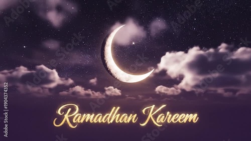 Ramadhan Kareem greeting card. Crescent moon in night sky with clouds. Ramadhan Mubarak. Mosque celebration background. Vector illustration for holiday.