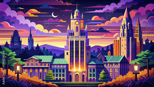 Very beautiful night view of Yale University’s Harkness Tower illuminated with colorful lights, creating a striking contrast against the dark sky and historic campus surroundings.