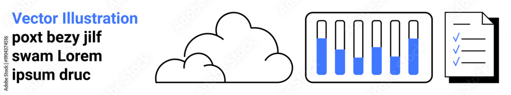 Fototapeta premium Cloud outline, bar graph with data, checklist document. Ideal for technology, analytics, cloud storage, data management, research, organization simple landing page