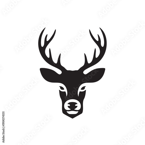 Stylized black silhouette of a deer head with prominent antlers on a white background, vector illustration