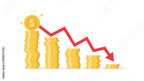 Dollar coin with loss bankruptcy arrow. Investment, financial transaction, business and financial.