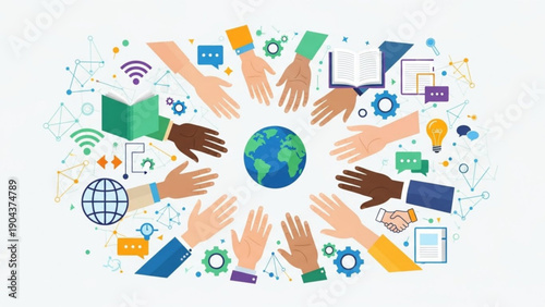 Diverse hands around the globe with technology icons symbolizing global communication and teamwork for a sustainable future
