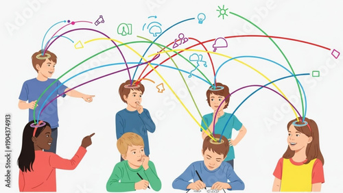 Children sharing ideas and learning together creatively with colorful thoughts