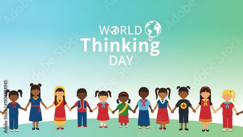 Children from diverse backgrounds celebrating world thinking day hands linked in unity against a gradient background