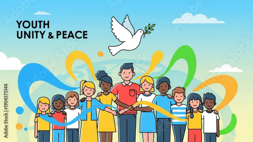 Diverse group of young people standing united with dove and olive branch under blue sky with colorful abstract shapes