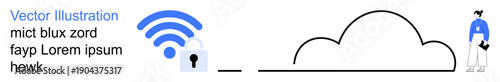 Digital security, cloud storage, technology connection, internet security, user privacy, wireless network. wireless icon with a locked padlock and a human figure. Digital security and cloud storage
