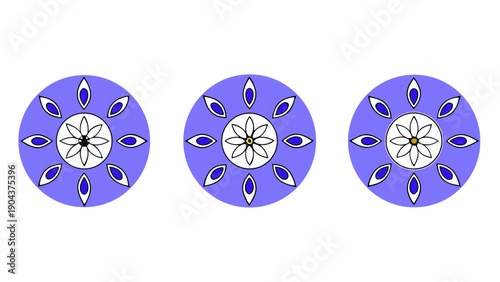 Three purple circles with floral designs and teardrop shapes arranged symmetrically around the center on transparent background silhouette