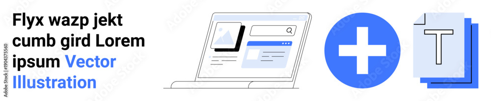 Obraz premium Document management, online sharing, text editing, content creation, workflow optimization, collaboration. Image shows a laptop screen, a blue plus icon and text documents. Document management
