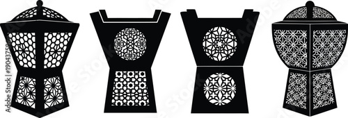 Collection of four traditional black Arabic incense burners and ornate hanging lanterns are displayed side by side.