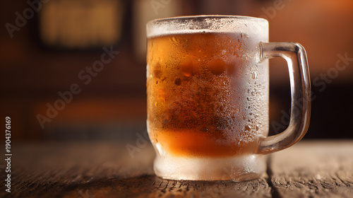 hops. A frosted beer mug with condensation droplets resting on a rustic wooden table in warm pub lighting. bar promotions, beverage menus, designed for food & beverage menus and cafe branding.