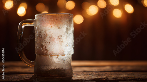 hops. A frosted beer mug with condensation droplets resting on a rustic wooden table in warm pub lighting. bar promotions, beverage menus, designed for food & beverage menus and cafe branding.